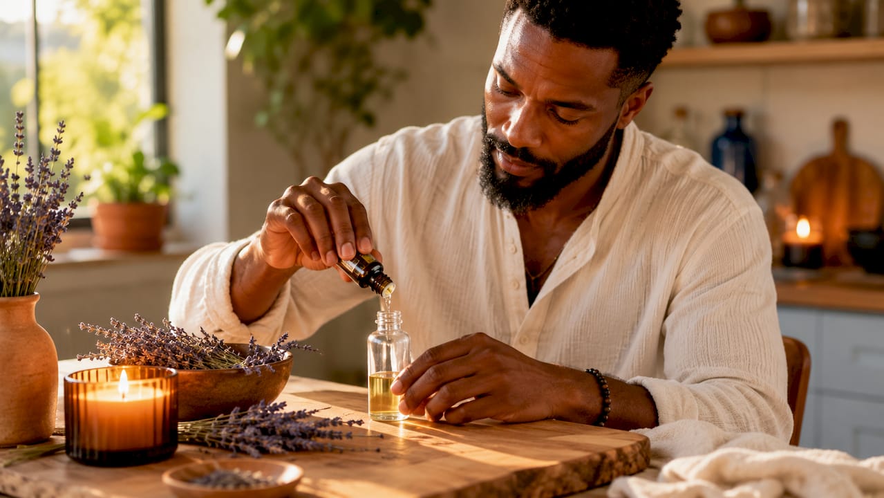 Hands holding lavender essential oil bottle