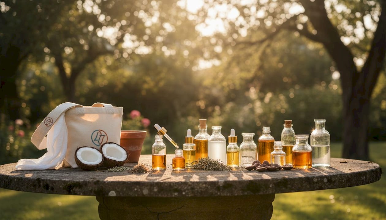 Overhead view of assorted hair oil bottles and ingredients