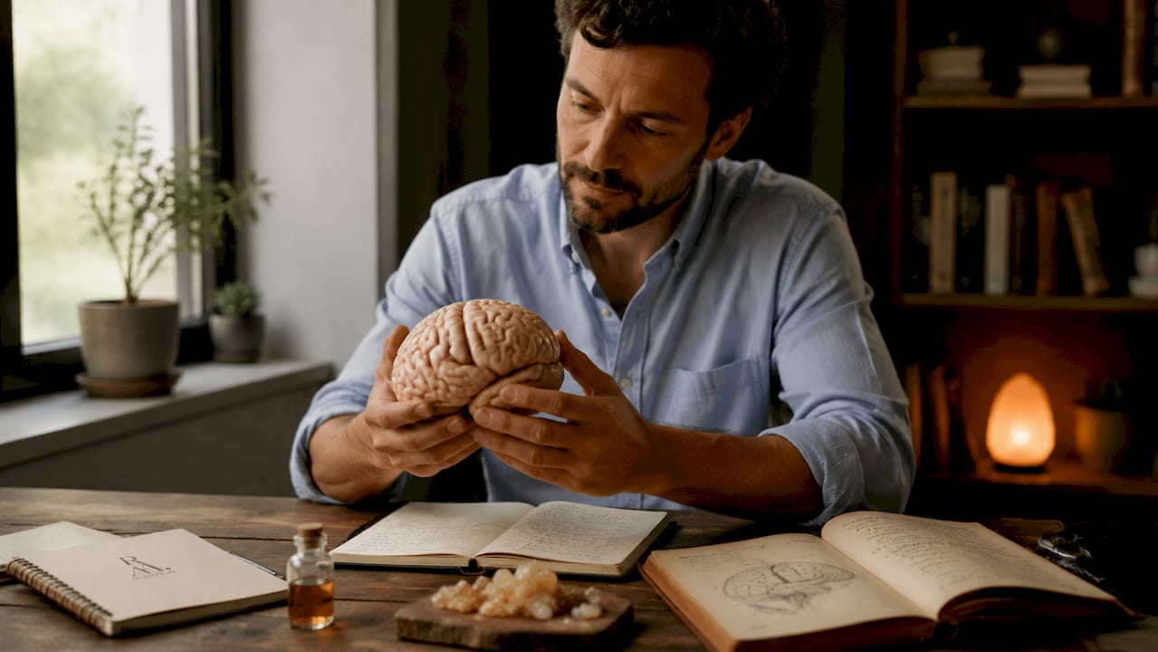 Neuroscientist examining brain model with frankincense vial