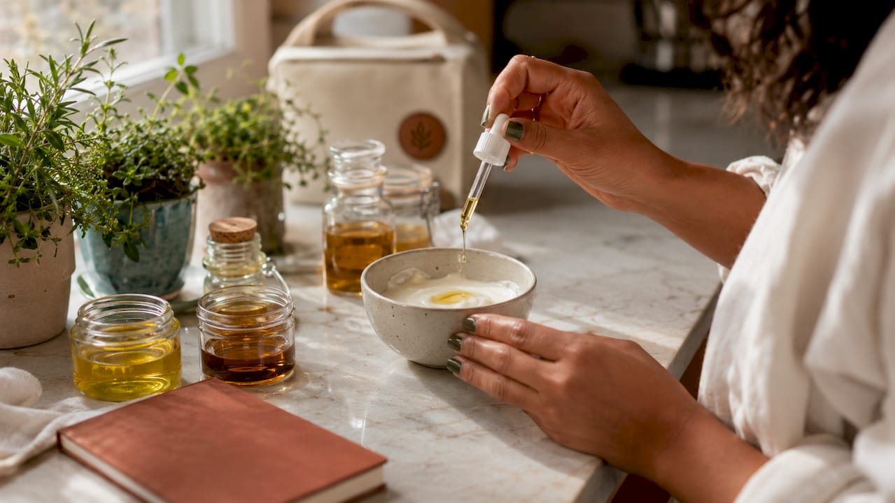 Hands adding linoleic acid oil to skincare mix