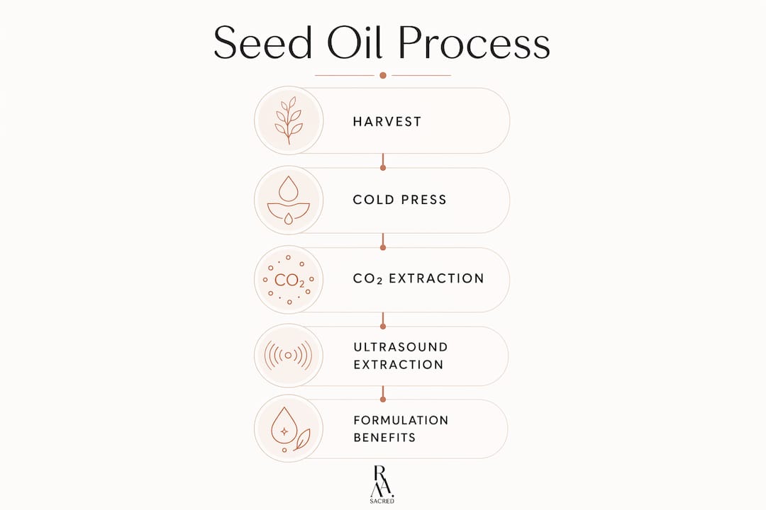 Infographic illustrating seed oil extraction and formulation steps