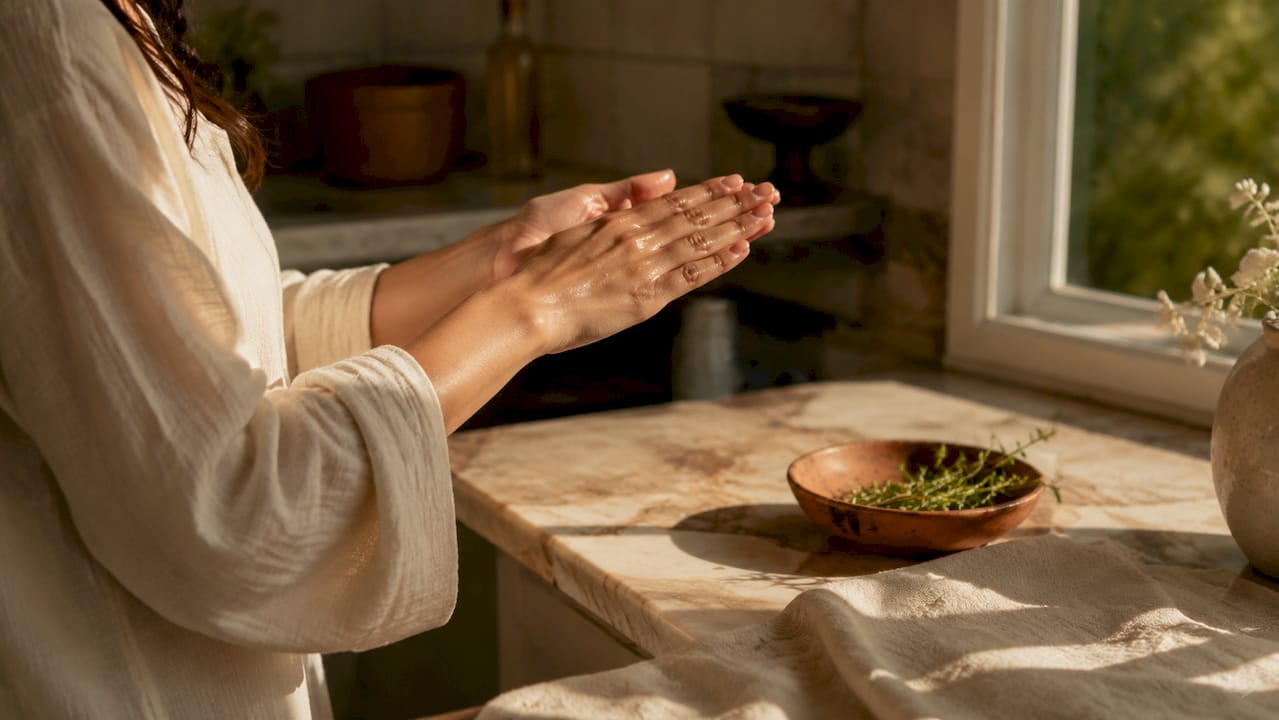 Hands warming facial oil between palms