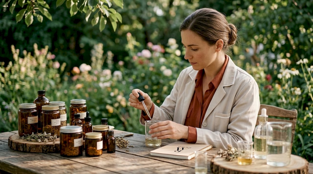 Cosmetic chemist formulating beauty oil in lab