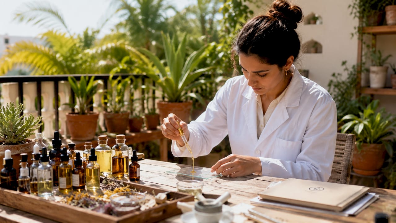 Hands applying natural oil sample in skincare lab