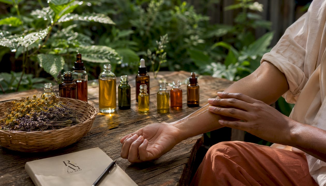 Hands testing cold-pressed carrier oil on skin