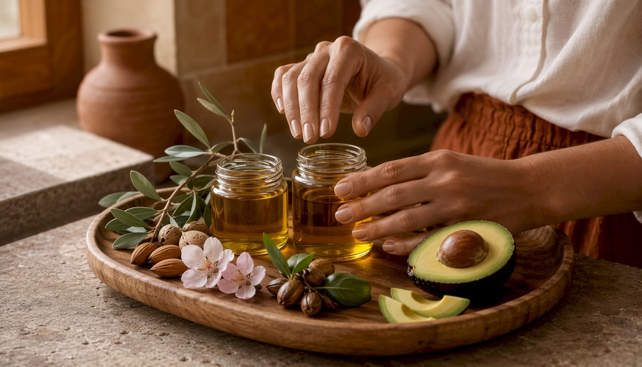 Close-up of body oils with botanical leaves on tray