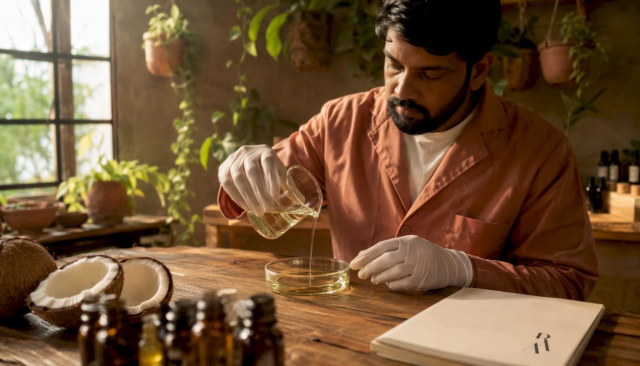 Scientist measuring coconut oil in skincare lab
