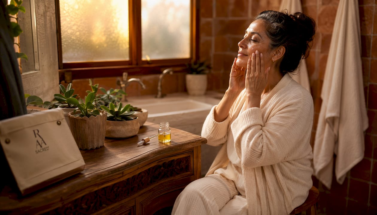 Woman applying almond oil to face