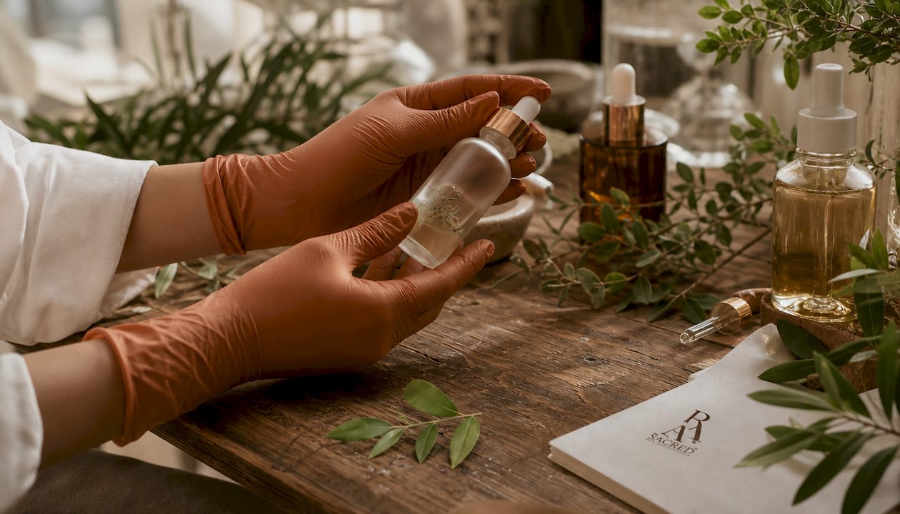 Hands holding lavender essential oil vial in lab