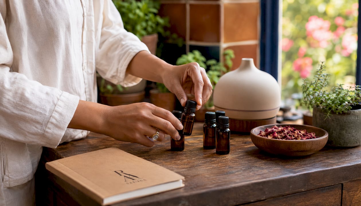 Hands arranging essential oil bottles