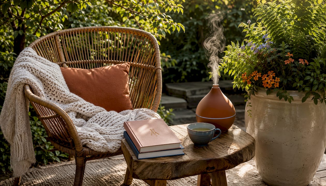 Home wellness corner with essential oil diffuser