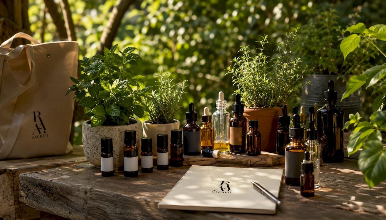 Close-up of essential oil bottles and botanicals