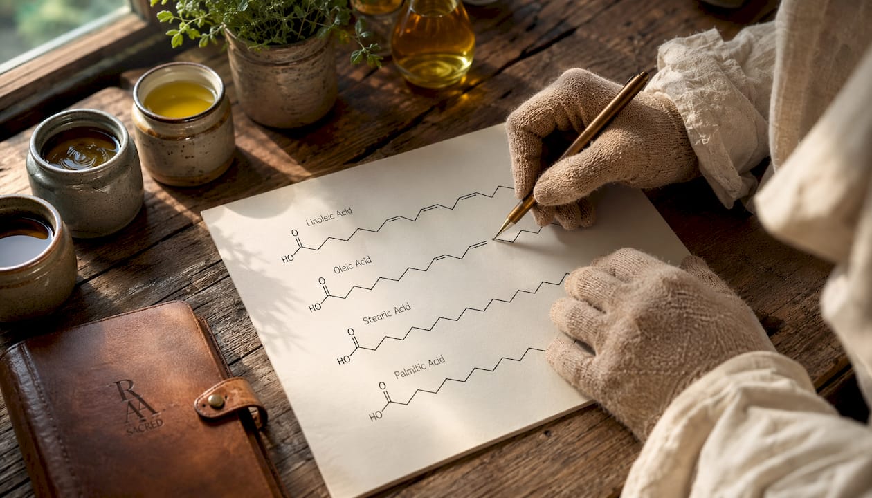 Hands tracing fatty acid molecular structures on paper