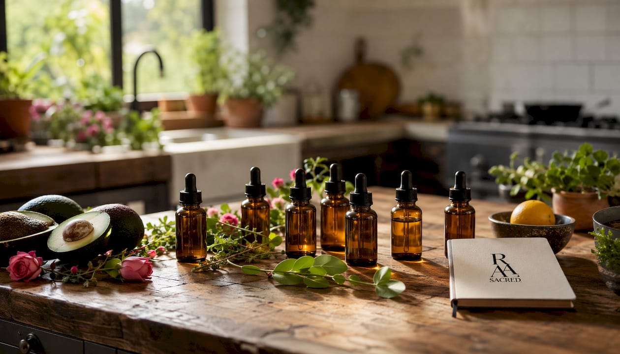 Various carrier oils bottles with seeds and leaves