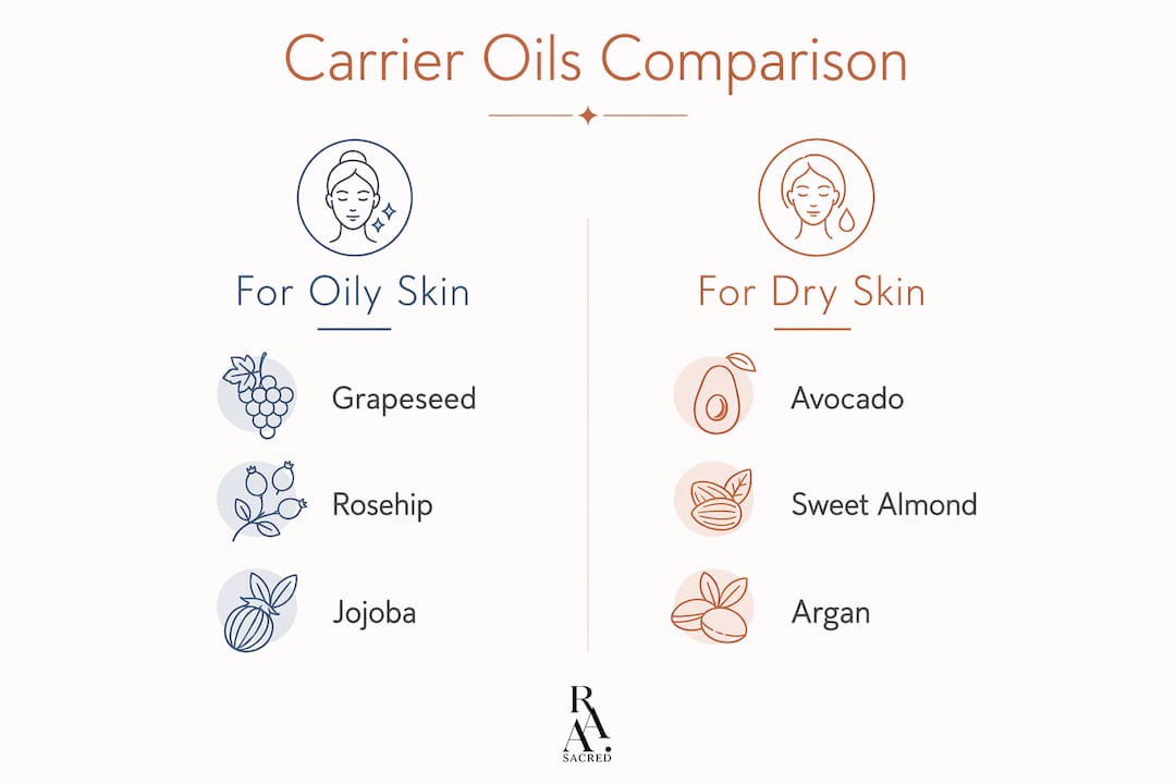 Infographic comparing carrier oils for oily vs dry skin