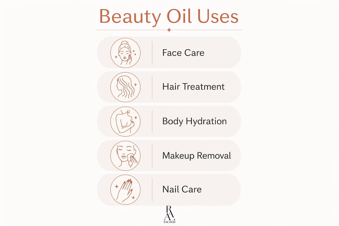 Infographic illustrating five ways to use beauty oil