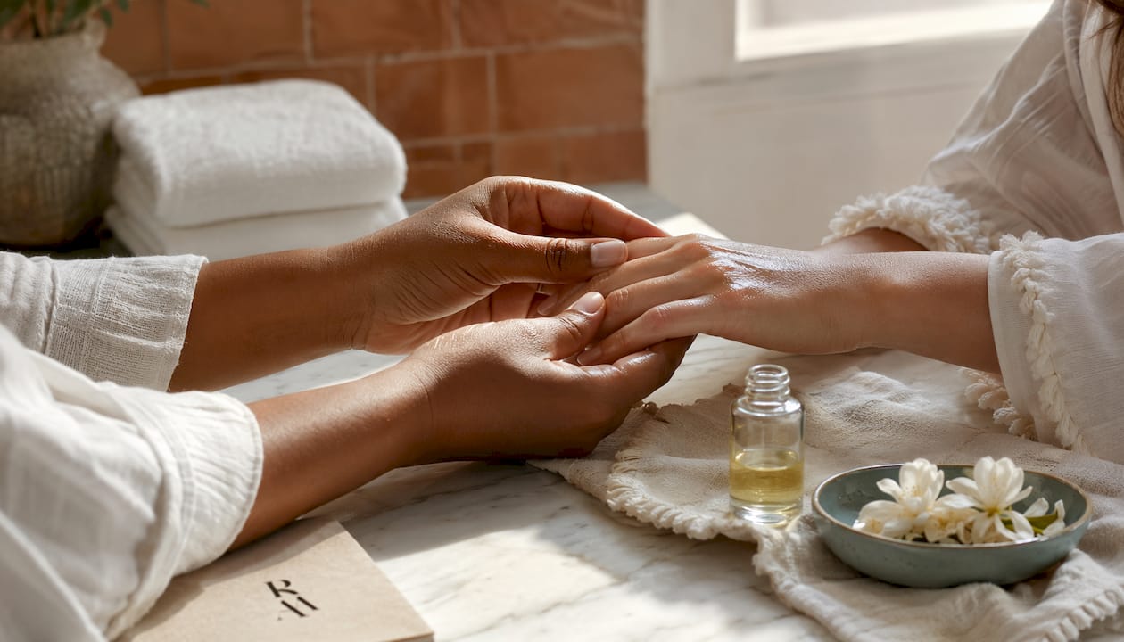 Hands massaging beauty oil on nail cuticles
