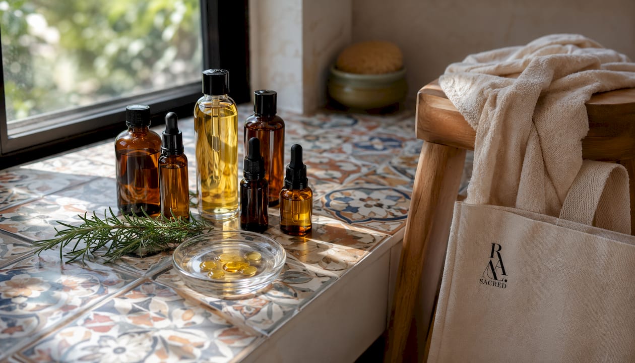 Close-up of natural carrier oils and lavender sprig