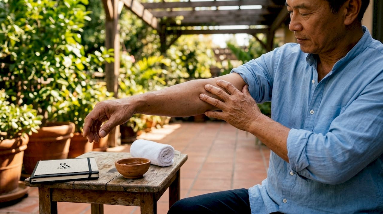 Hands performing petrissage massage stroke on arm