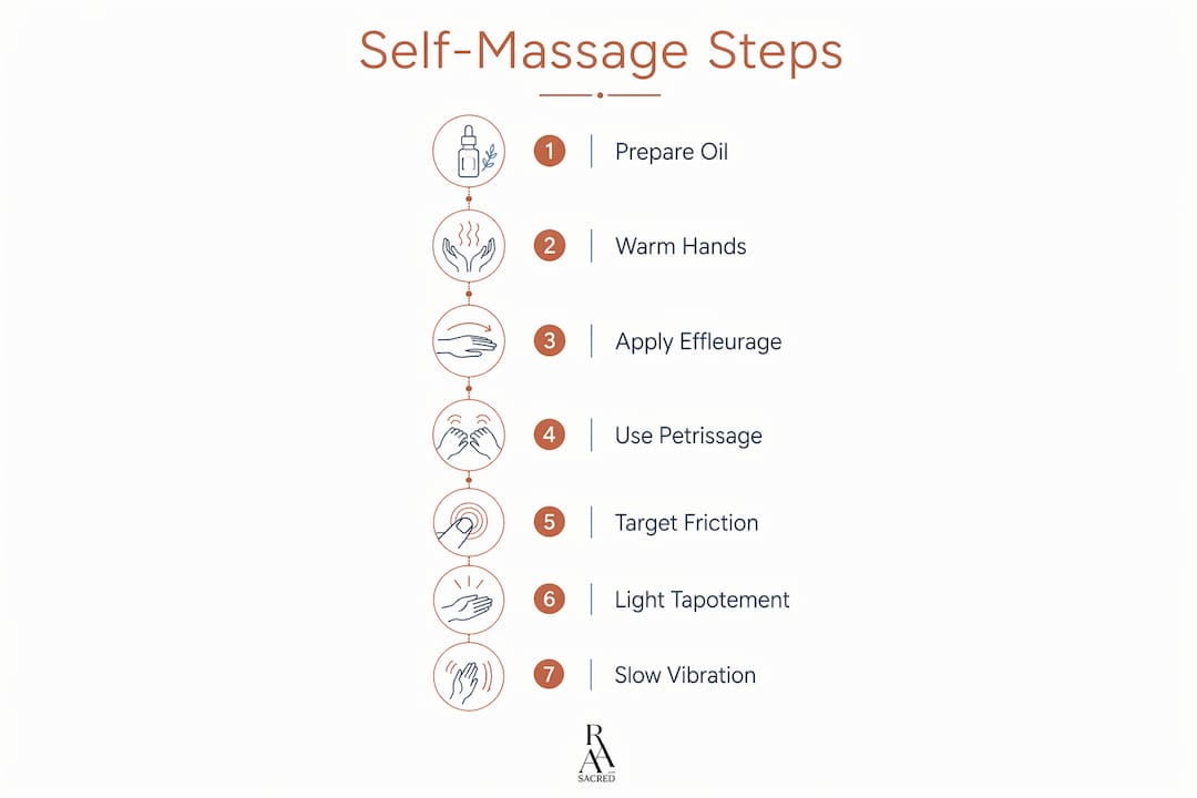 Infographic showing step-by-step aromatherapy self-massage technique