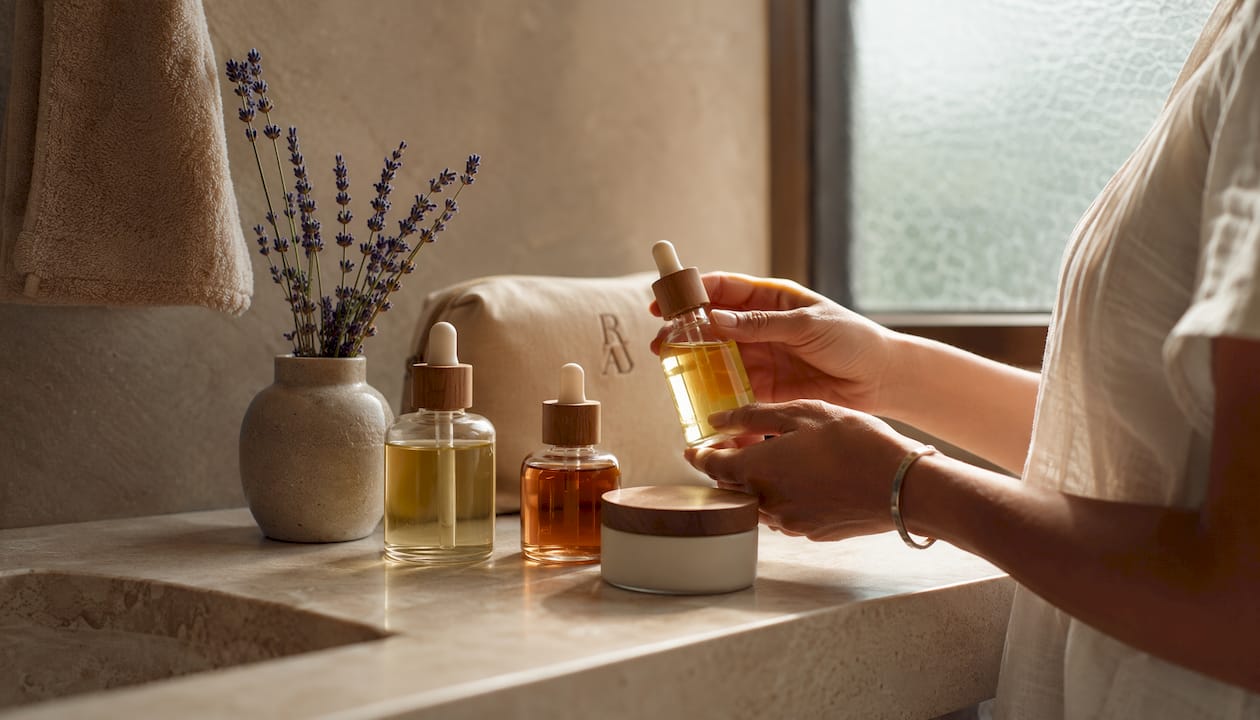 Overhead view of body oils and mist in shower
