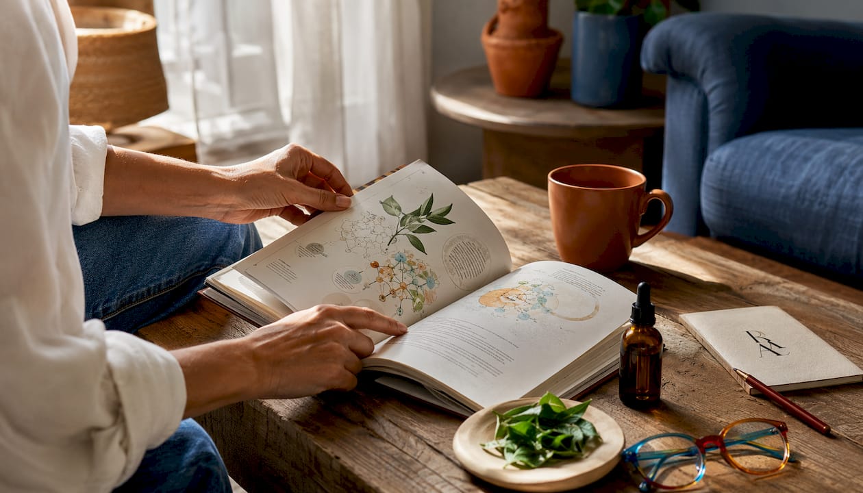 Hands pointing at skincare antioxidant diagram book overhead view