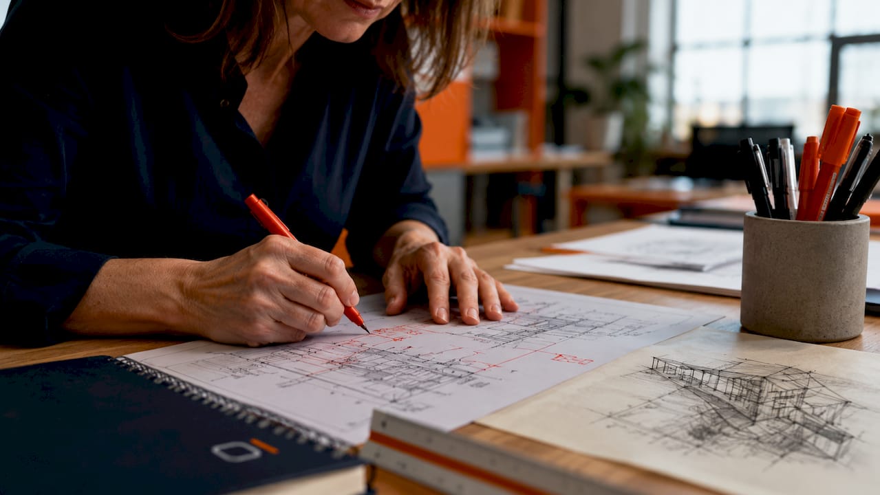 Architect annotating shear wall design documents