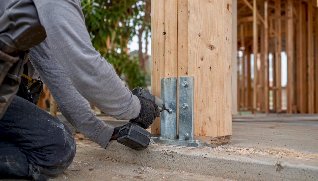 Worker installing metal hold-down on wood shear wall post