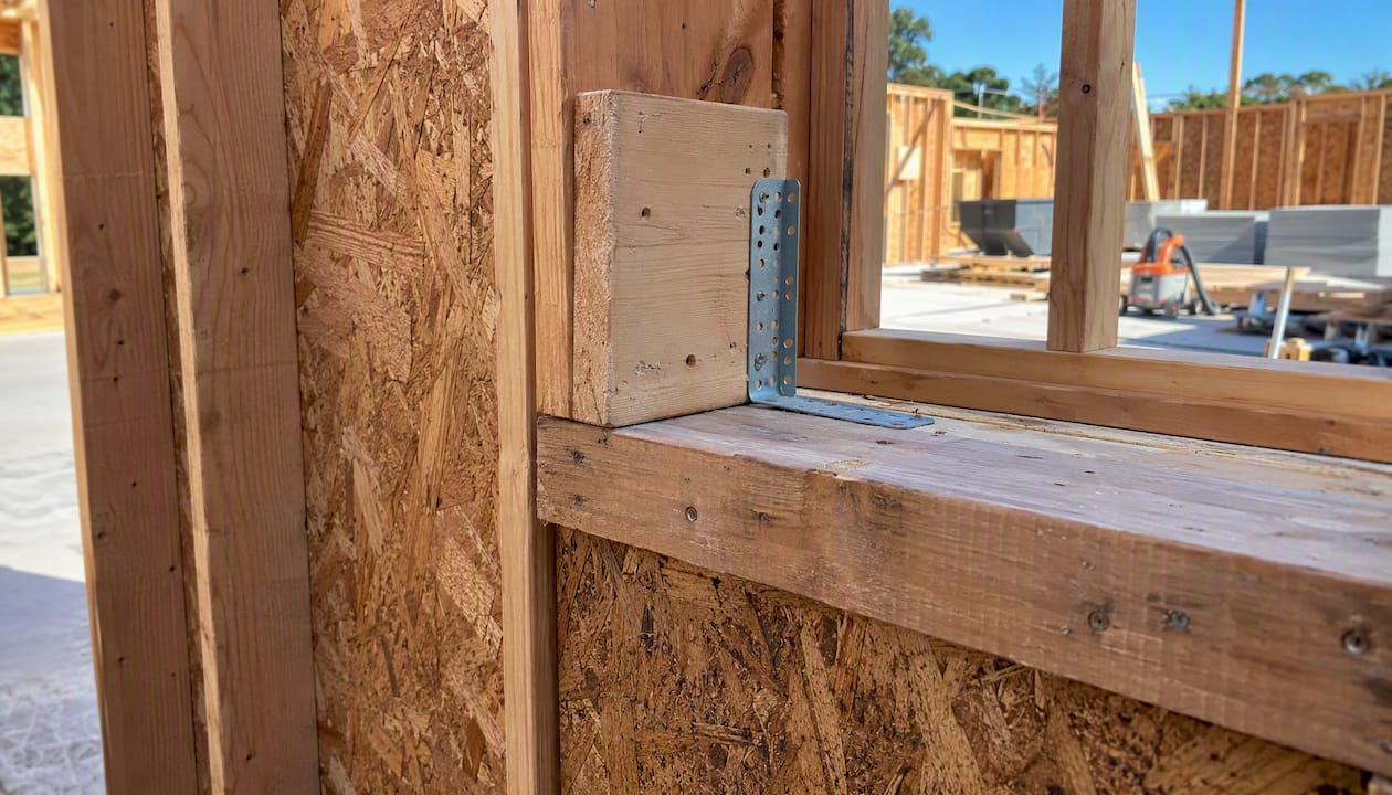 Blocking installed at window opening in wood shear wall