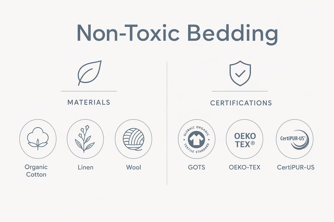 Infographic comparing non-toxic bedding materials and certifications