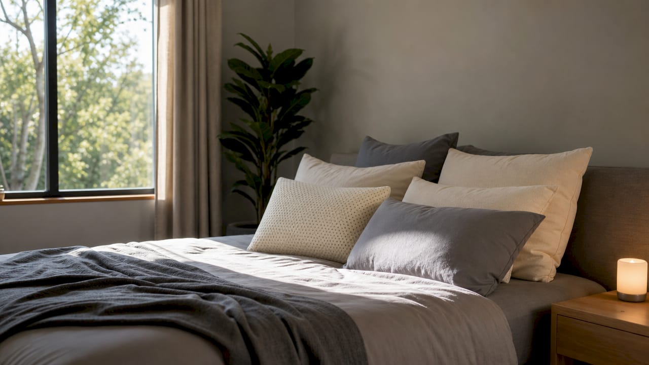 Variety of non-toxic pillow materials on bed