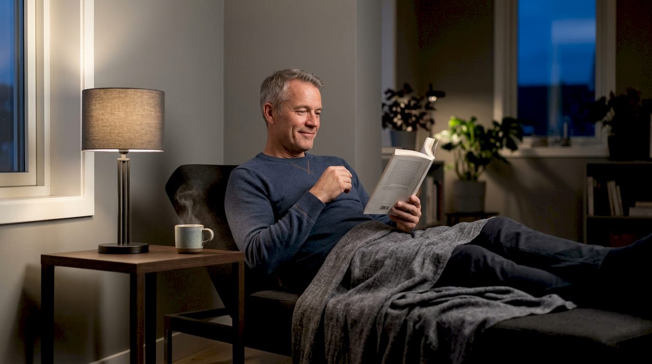 Man reading book in living room at twilight