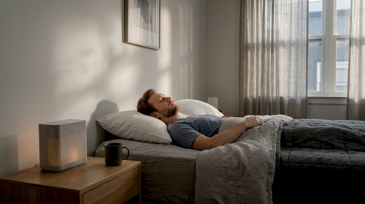 Sound masking device near peacefully sleeping man