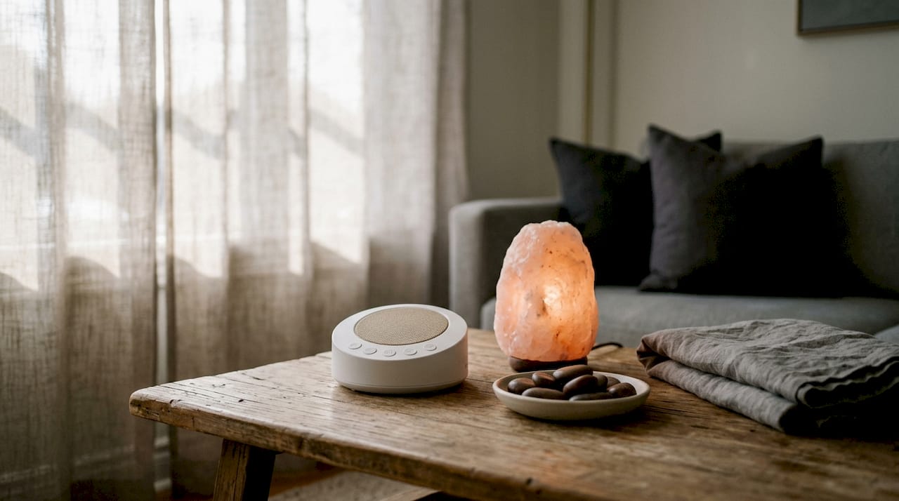 Objects symbolizing white, pink, and brown noise types