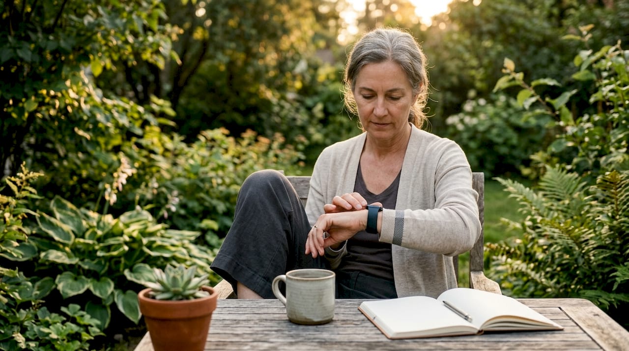 Woman checking sleep data on smartwatch at kitchen table