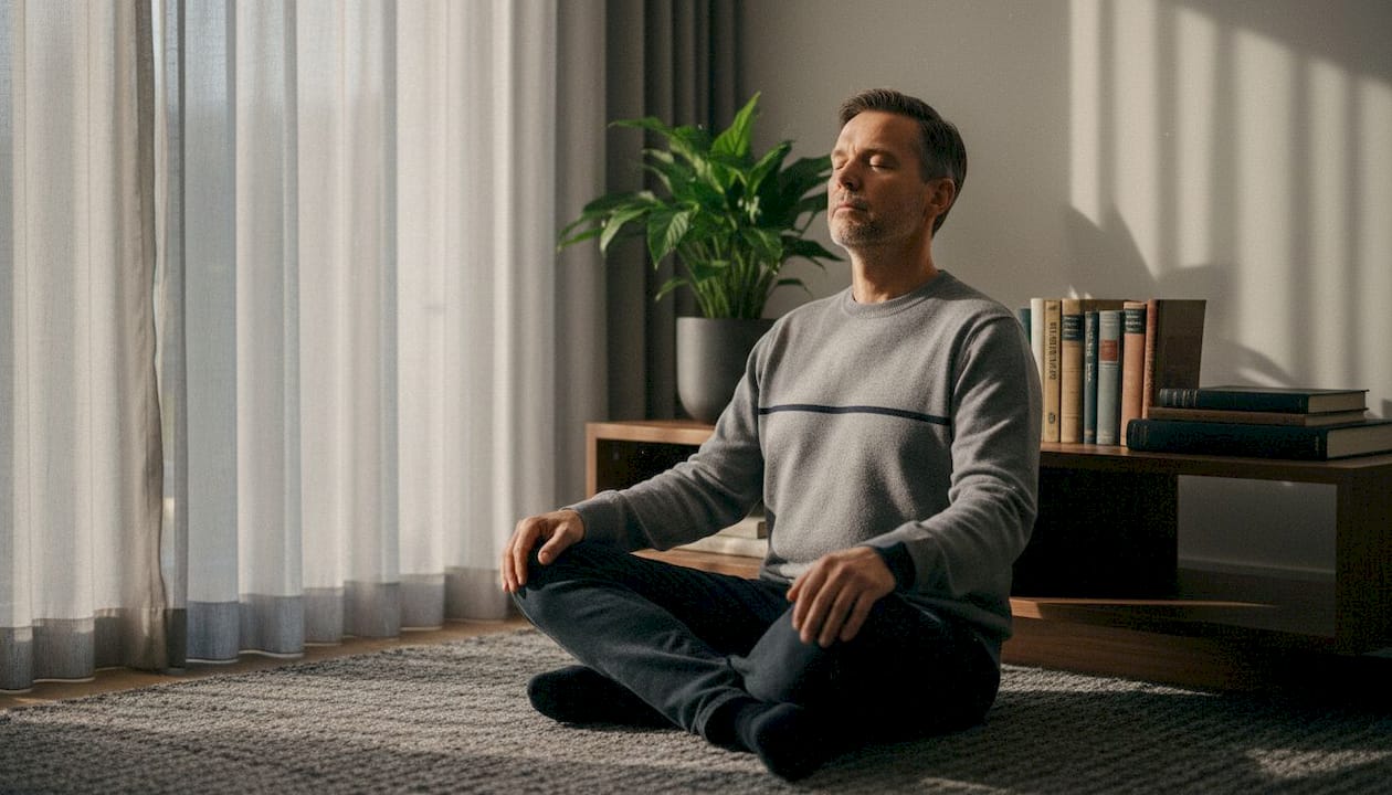 Man calmly breathing, activating relaxation system