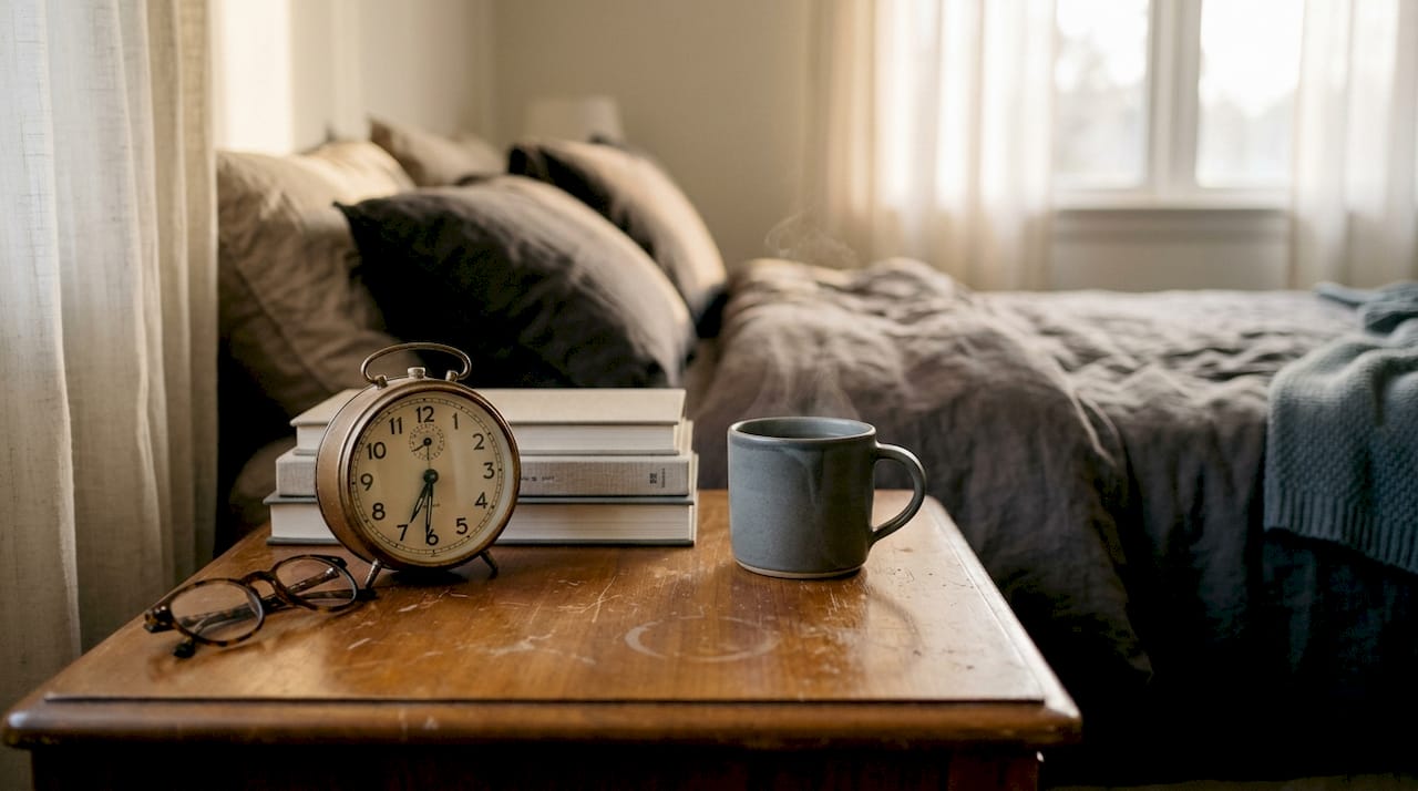 Close-up of alarm clock on bedside table