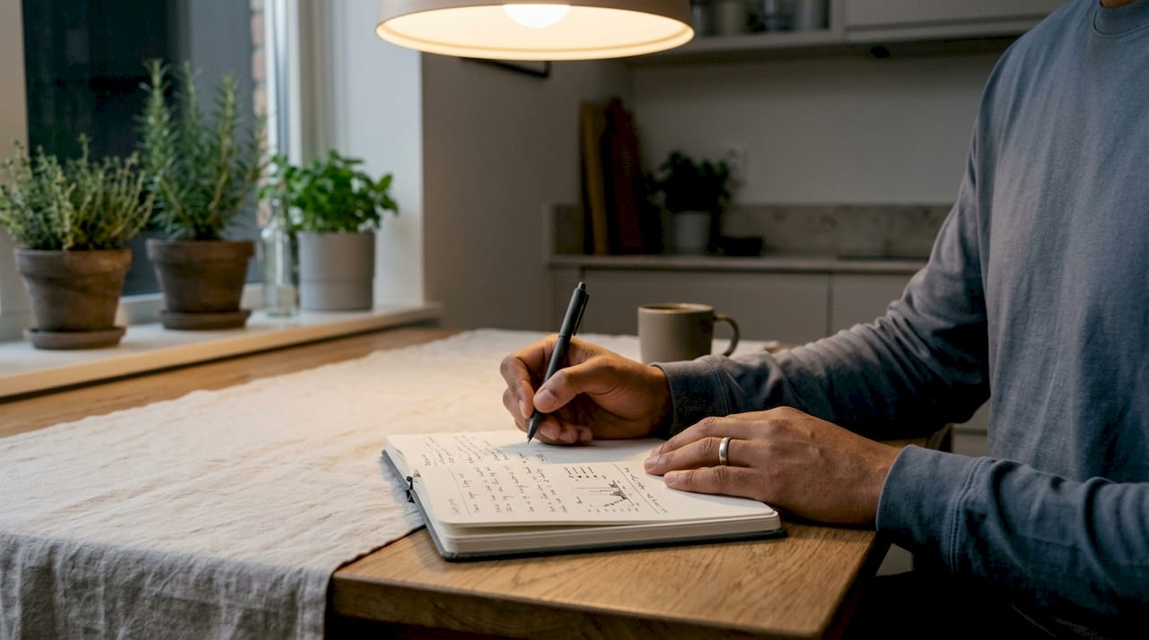 Hands writing in sleep diary at bedside table