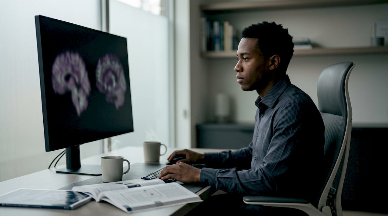 Neuroscientist viewing brain scans in lab