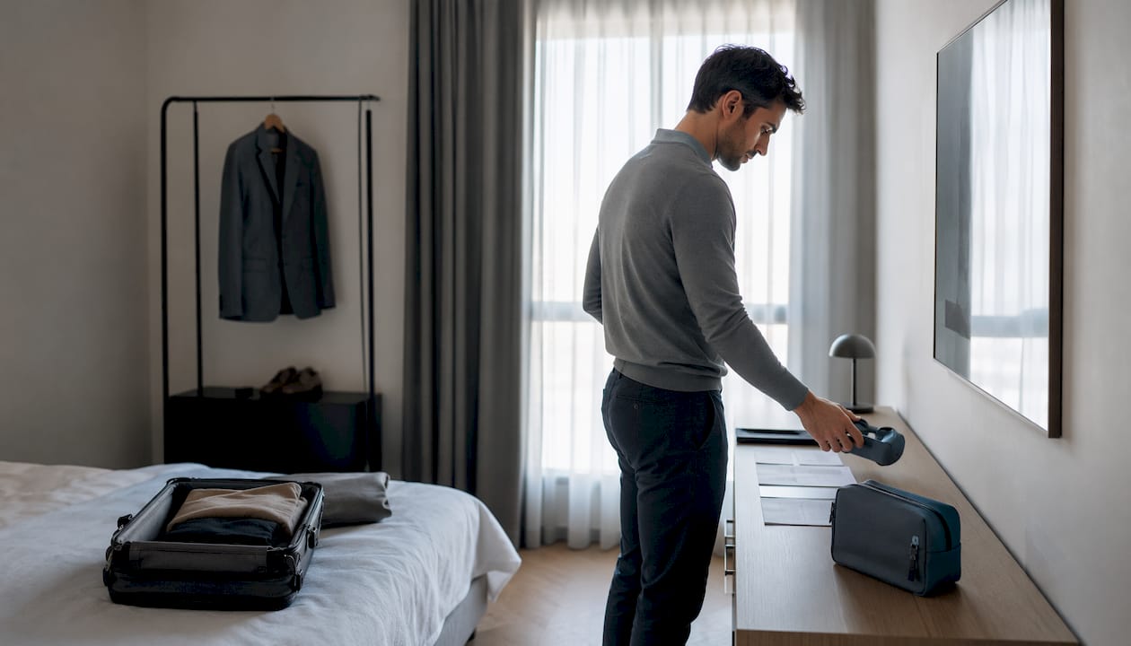 Traveler setting Bluetooth sleep device in hotel room