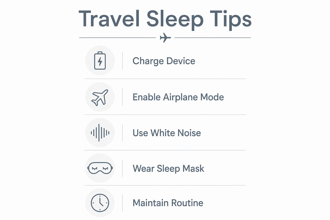 Infographic showing five travel sleep device tips