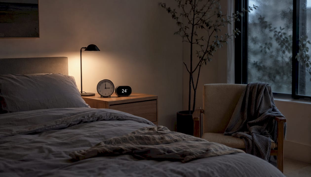 Nightstand clock and thermometer showing sleep temperature