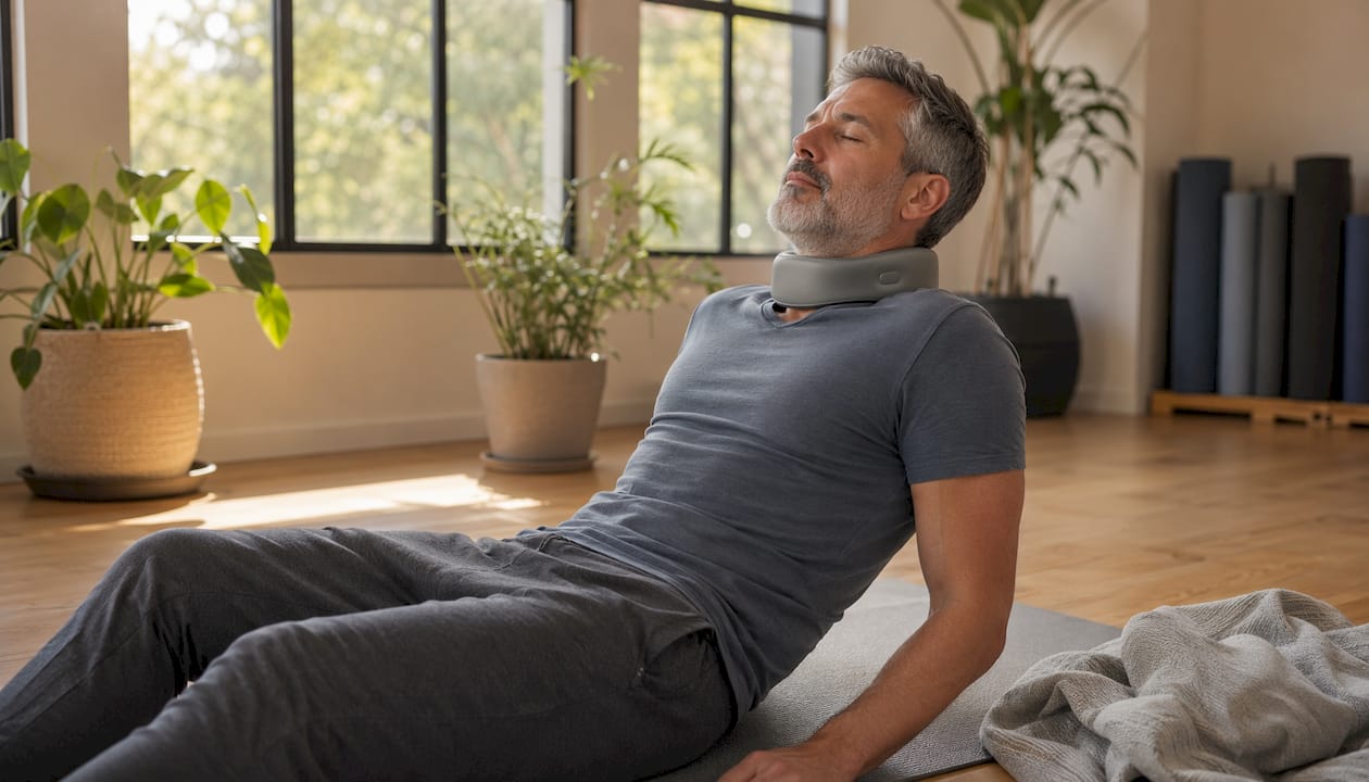Man using EMS neck device on couch