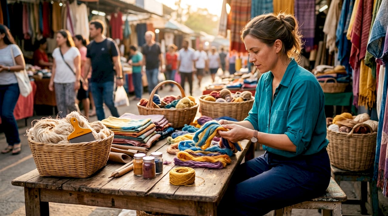 Textile worker inspecting sustainable fabric samples in workshop