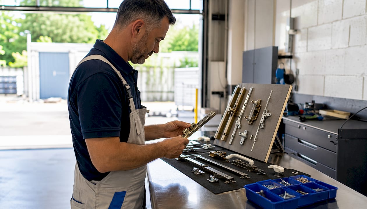 Close-up of various window lock types on workbench