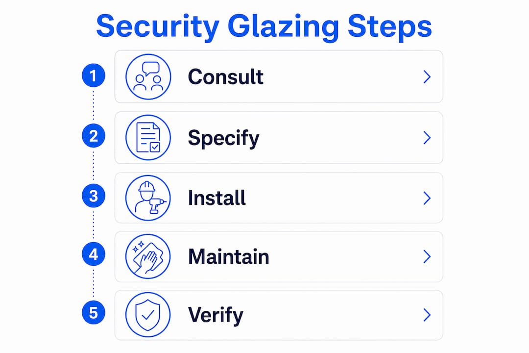 Infographic showing security glazing hardware process steps