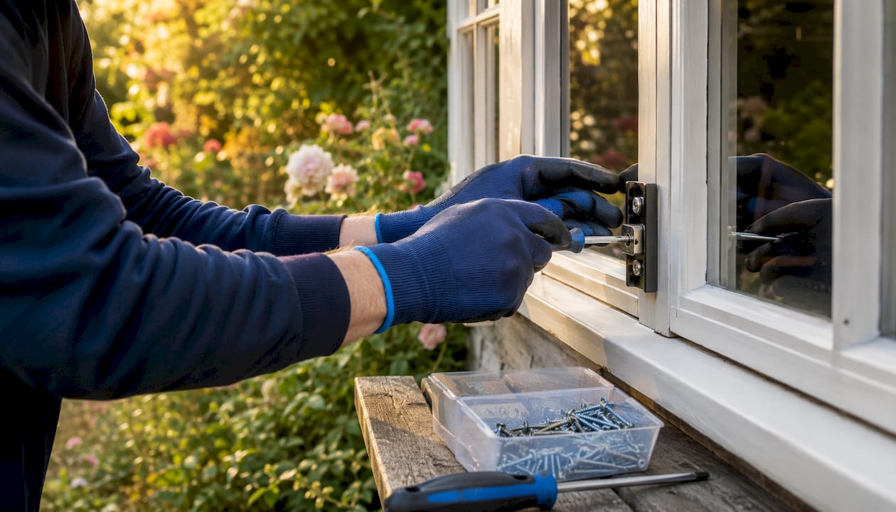 Hands installing security glazing lock hardware