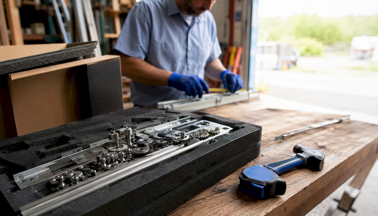 Close-up of gearbox secured in foam packaging on workbench