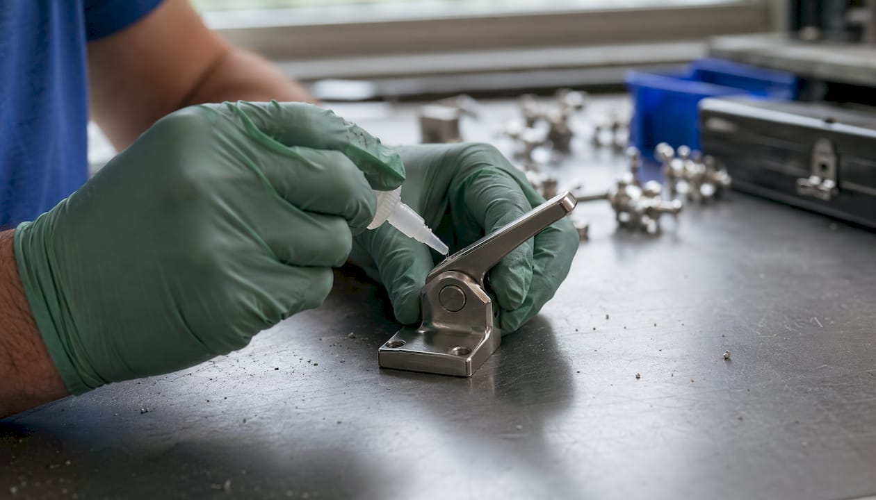Hands treating stainless steel hardware for corrosion resistance