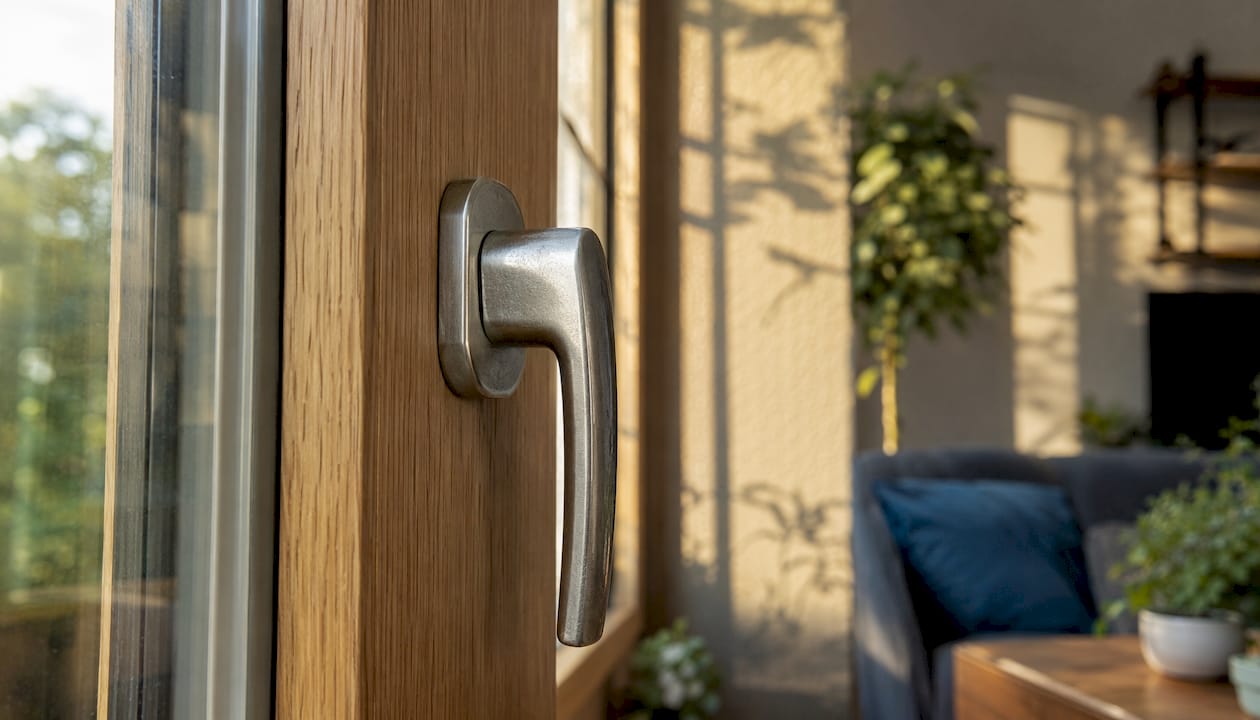 Stainless steel window handle on modern house window
